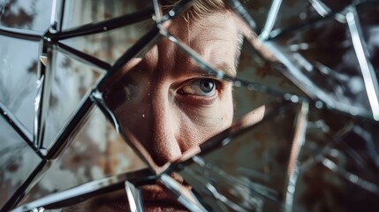 Portrait of a man looking through shattered mirror reflecting mental disorder and selfidentity crisis.