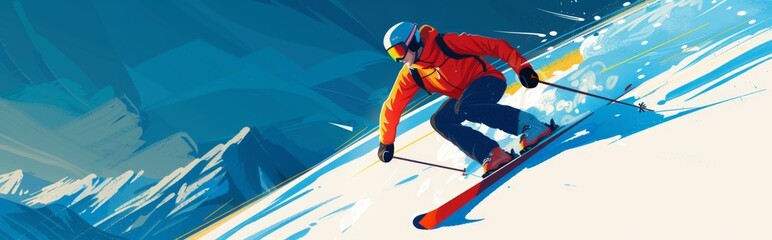 Naklejka premium Outdoor sports, draw a skier skiing downhill on an illustration, use shapes and colors in the picture to express the relationship between the skier and the downhill, and add some daily necessities to 