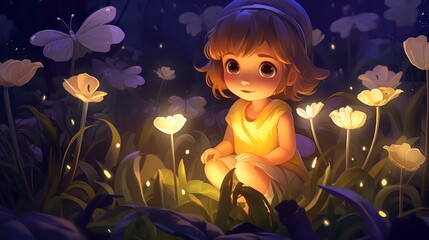Vibrant garden scene in chibi style with vivid, pastel colors and a cartoony, stylized look through digital painting and vector art.
