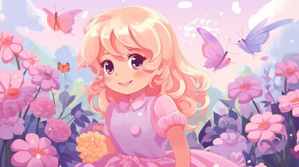 Vibrant garden scene in chibi style with vivid, pastel colors and a cartoony, stylized look through digital painting and vector art.