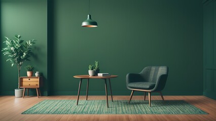 Living room interior has an dark green chair and wall on isolated 3D rendering