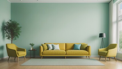 Fototapeta premium Minimalist living room interior have lemon color sofa and decor accessories with pastel green color wall on isolated 3D rendering