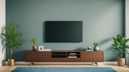 Living room with wood cabinet for tv on gray color wall background on isolated 3D rendering