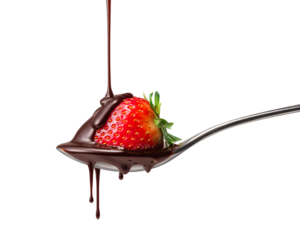 チョコレートソースを掛けられている、スプーンに乗ったイチゴ