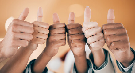 Business people, hands and thumbs up for thank you, good job and welcome gesture for recruitment in...