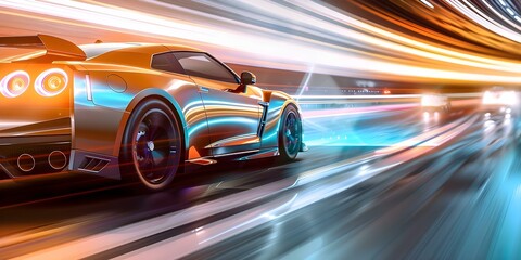 D Render of a Neon-lit Sports Car Speeding on Highway with Colorful Lights. Concept Neon Sports Car, Highway Speed, Colorful Lights, 3D Rendering, High-Speed Photography