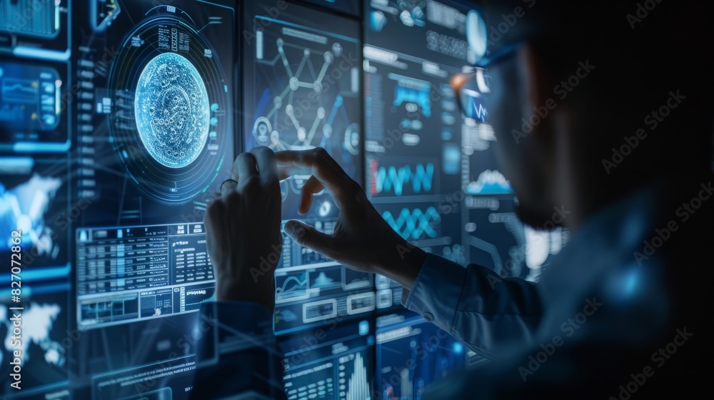 Poster a man is standing in front of a display of technology, focused on examining the screens and devices 