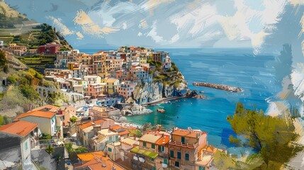 a painting of a small town in italy in the style of lively coastal landscapes Generative AI