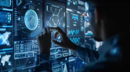 A man is standing in front of a display of technology, focused on examining the screens and devices before him.