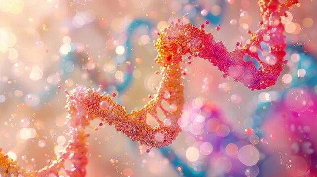 3d render of colorful DNA strands and cells floating in an abstract background,