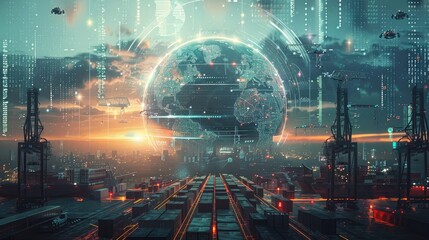 Global Logistics Network in High-Tech Advertising Banner with Crane, Containers, Vehicles, and Digital Connections