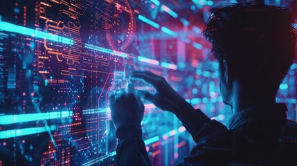 A man carefully examines a complex wall of data, focusing intently on the information presented.