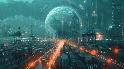 Obraz premium Global Logistics Network in High-Tech Advertising Banner with Crane, Containers, Vehicles, and Digital Connections