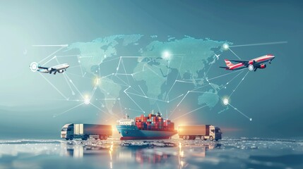 Global Logistics Network Concept with Airplane, Cargo Ship, and Trucks on World Map Banner