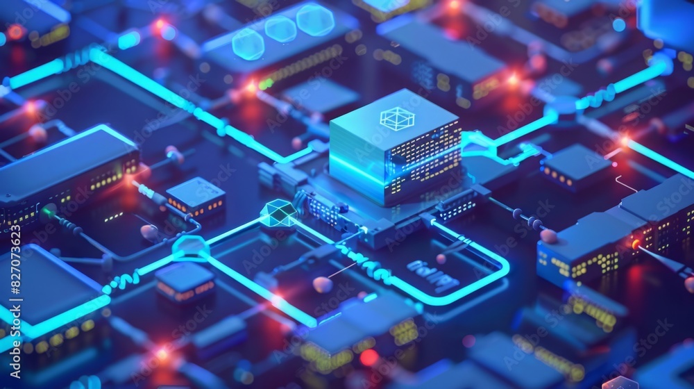 Poster a computer circuit board with a cube resting on top of it, showing a blend of technology and geometr