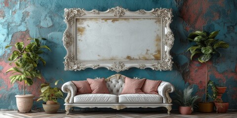 Ornate Vintage Frame on Distressed Blue Wall.