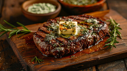 Juicy Medium Rare Steak with Herb Butter on Rustic Wooden Board