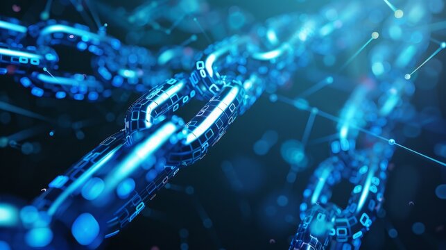 A blue abstract background featuring a chain of connected links in a linear pattern.