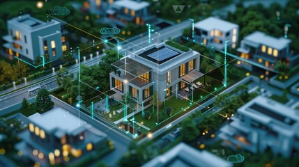 Obraz premium A house is seen from above, surrounded by glowing green lights.