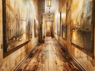 Artistic corridor with wooden floor, adorned with vibrant paintings, under warm lighting creating a cozy atmosphere. Perfect for home interiors.
