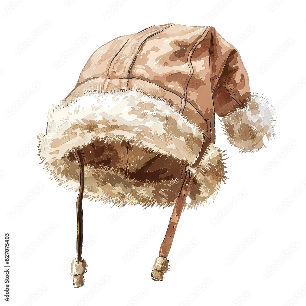 Wall mural A brown hat with a fur hood and a leather strap