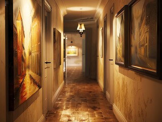 A warmly lit corridor with art paintings adorning the walls, parquet flooring, and a chandelier creating a cozy and artistic ambiance.