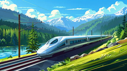 A high-speed train is passing through a valley next to a lake, with forests and mountains in the background