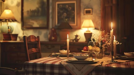 Cozy dining table set for two with candlelight in a warm, vintage room ambiance, perfect for romantic dinners or special occasions.