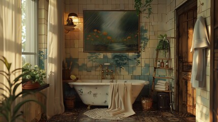 Cozy vintage bathroom with natural light, submerged bathtub, plants, and rustic decor. Peaceful ambiance for relaxation and unwinding.