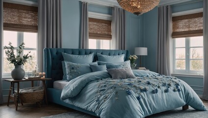 Cozy light blue Bedroom with flowers and candles, pillows, duvet and duvet case on a bed,Blue bed linen on a blue sofa, Bedroom with bed and bedding, Blurred view of light bedroom 