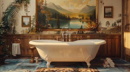 Elegant vintage bathroom with a classic clawfoot bathtub, surrounded by nature-themed decor and scenic mountain painting.