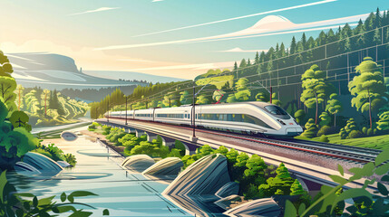 A high-speed train is passing through a valley next to a river on a sunny day