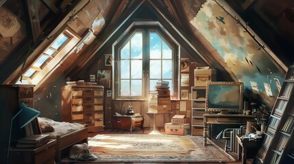 Cozy attic room filled with vintage furniture and sunlight streaming through window, creating a warm and nostalgic atmosphere.