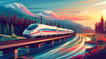 A high-speed train that is going down the tracks near the water