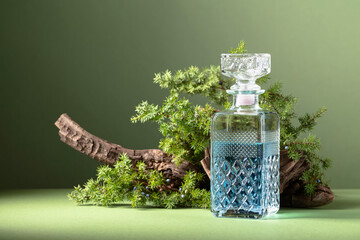 Blue gin in decanter on a background of old snags and juniper branches with berries.