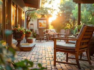 Beautiful patio seating area with wooden chairs bathed in warm evening sunlight, surrounded by lush greenery and potted plants.