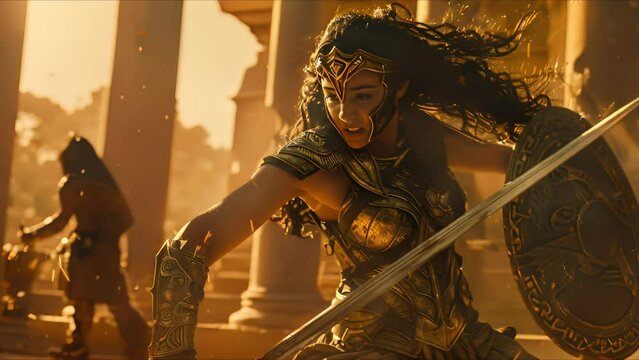 A warrior in golden armor wields a sword in a radiant light