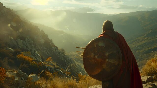 Scene of medieval warriors with armored warriors observing in the mountains