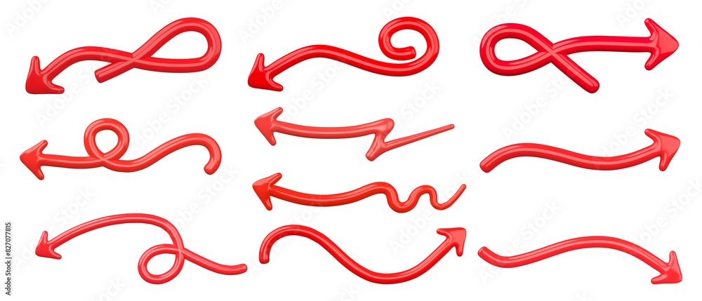 Poster set of red curved arrow isolated on transparent background. 3d render