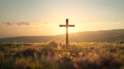 Serene Rural Landscape with Weathered Cross at Sunset, Evoking Peace, Faith, and Spiritual Reflection in Nature