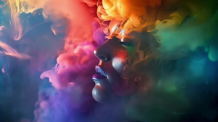 A burst of rainbow smoke adorns the subjects features making for a playful and surreal portrait.
