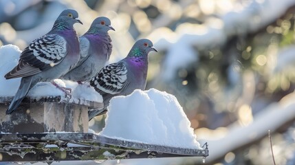 Rock doves perch on the feeder during the winter