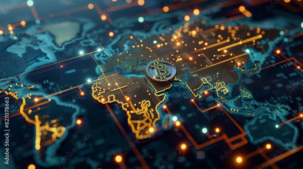 Poster a world map prominently displaying a bitcoin symbol, representing the global impact and integration 