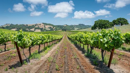 Naklejka premium Serene Vineyard Landscape with Grapevines and Majestic Rolling Hills at Sunset