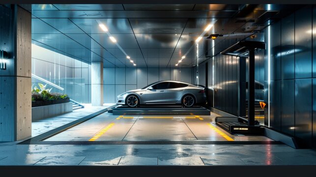 A sleek automated parking system in a luxury condominium,  featuring high-tech car lifts