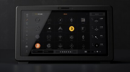 Detailed view of a digital device placed on a wooden table.