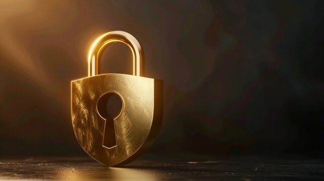 Golden padlock, shield shaped, password security, identification by safe technology for privacy and confidential data network