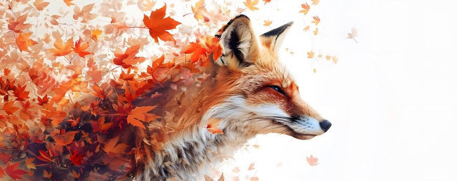 Double exposure of a fox and autumn leaves.