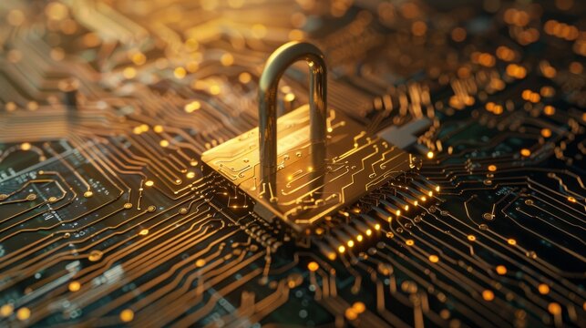 Golden padlock with integrated electronic circuits, password security technology for fraud prevention and confidential data network