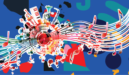 Music background with colorful music instruments and vinyl record disc vector illustration. Music festival poster with double bell euphonium, violoncello, trumpet, piano, euphonium, sax and guitar.